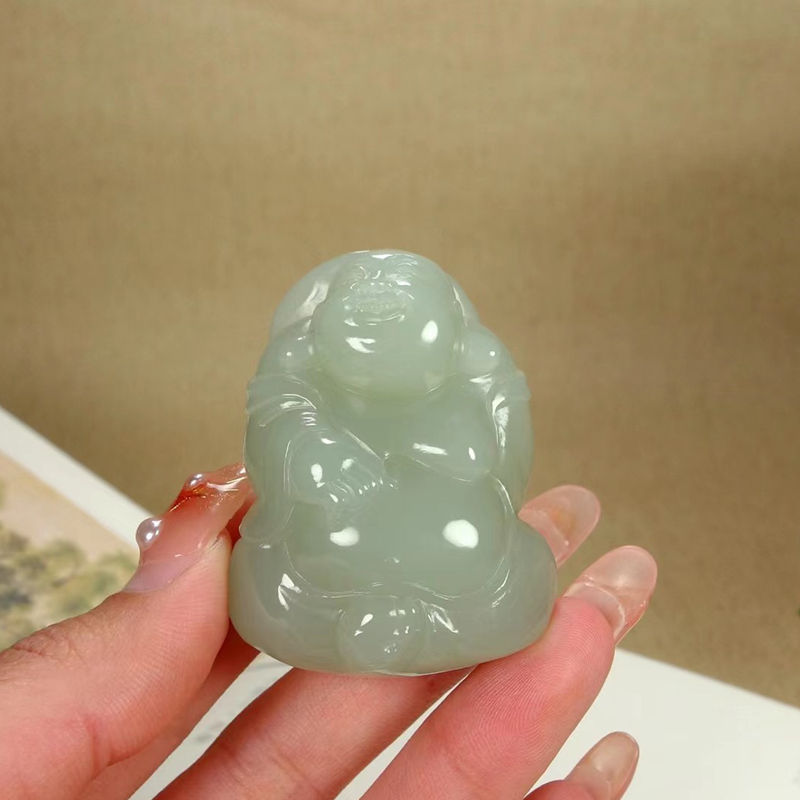 温润斋天然新疆和田玉青海料晴水色玉石笑佛挂件玉器弥勒佛吊坠