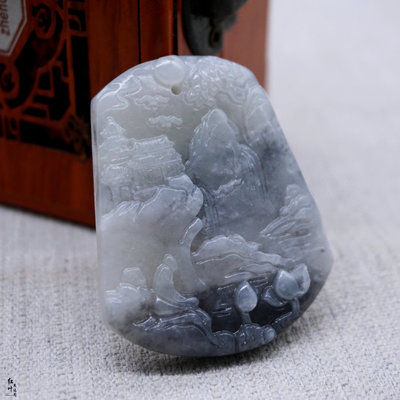 和田玉青海料俏色高山流山水牌子吊坠烟青意境悟道挂件玉石佩挂坠