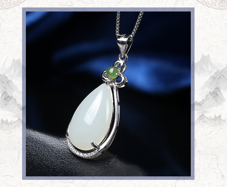 天然和田玉石吊坠女款银镶白玉水滴吊坠青海玉石韩料优雅a货挂件